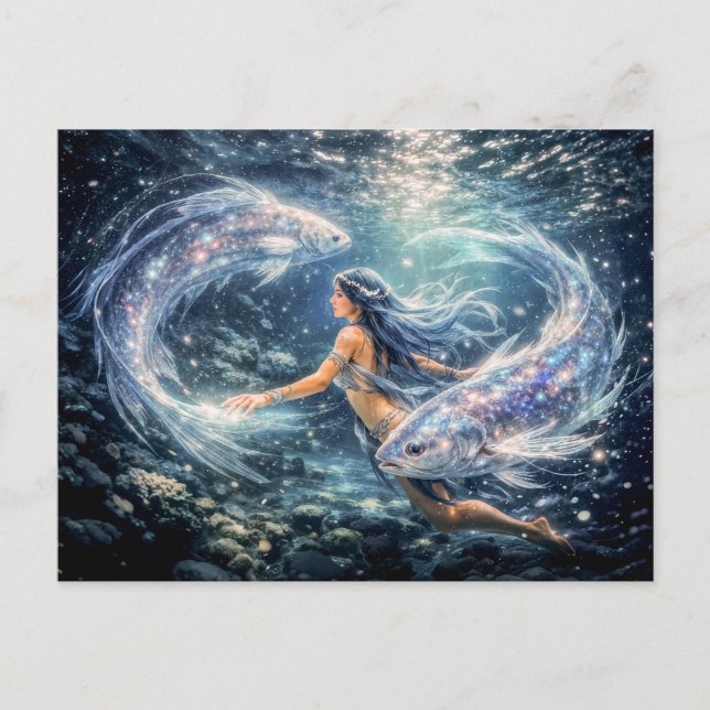 Pisces Zodiac with Woman Surrounded by Two Glowing Postkarte (Vorderseite)
