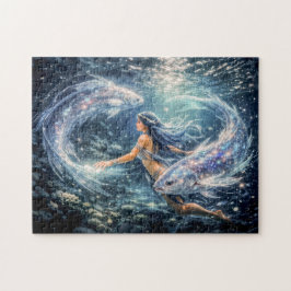 Pisces Zodiac with Woman Surrounded by Two Glowing Puzzle