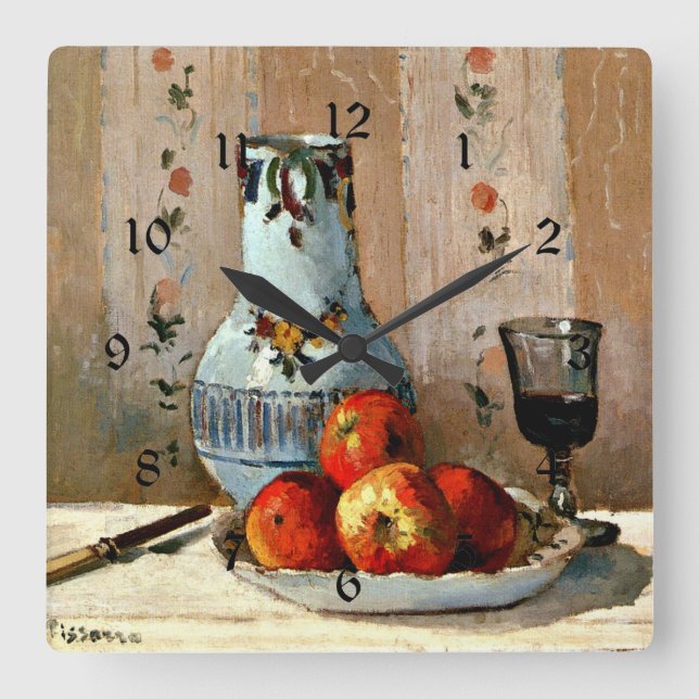 Pissarro - Stillleben mit Äpfeln und Pitcher, Quadratische Wanduhr (Vorderseite)