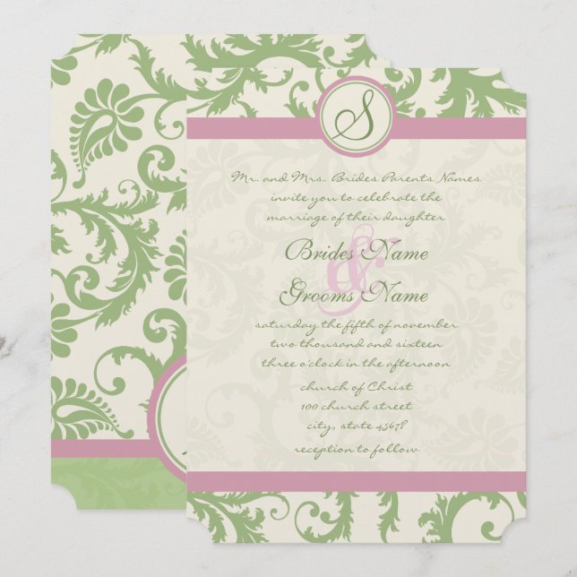 Pistachio Clover Rose Petal Damask Wedite Invite Einladung (Vorne/Hinten)