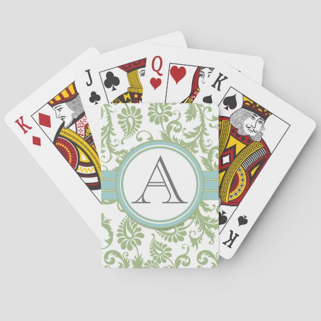 Pistachio Damask Monogramed Aqua Playing Cards Spielkarten (Rückseite)