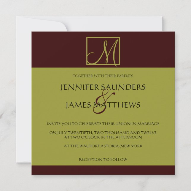 Pistachio & Espresso Monogram Wedding Einladung (Vorderseite)