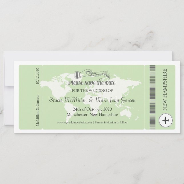 Pistachio Green Boarding Pass Save the Date (Vorderseite)