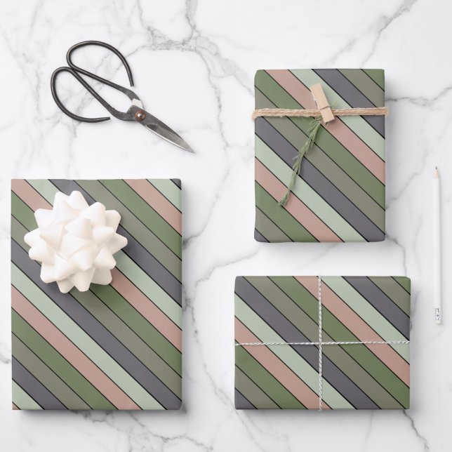Pistachio Nut Muschel Green Peach Lila Streifen Geschenkpapier Set (Vorderseite)