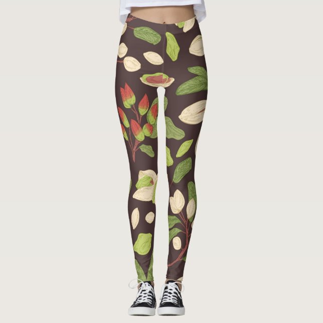 Pistachio Nuts: Schwarz Hand Gezeichnet Nahtlos. Leggings (Vorderseite)