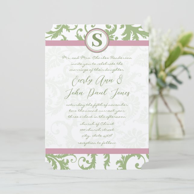 Pistachio Pink Lavender Damask Wedite Invite Einladung (Stehend Vorderseite)
