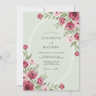 Pistazien-Magenta-Blumenhochzeit Einladung