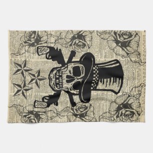 Pistolenheld, glücklicher Schädel, Gewehre, Rosen, Geschirrtuch