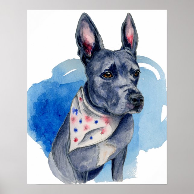 Pit Bull Dog Blaue Aquarellmalerei Poster (Vorne)