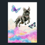 Pit Bull Dog Fantasy Aquarell Pop Art Poster<br><div class="desc">Dies ist eine skurrile Aquarellbilder eines schwarzen Grubenbullen Hundes,  der aus den Regenbogenfarben der Wolken springt. Hübsche Schmetterlinge fliegen um den Hund herum. Pop-Kunstdesign für Hundefreunde.</div>