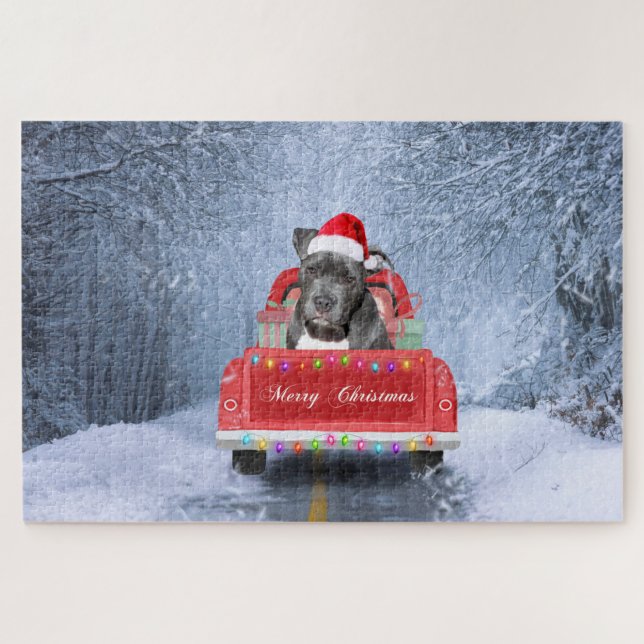 Pit Bull Dog in Snow sitzend im Weihnachtswagen Puzzle (Horizontal)