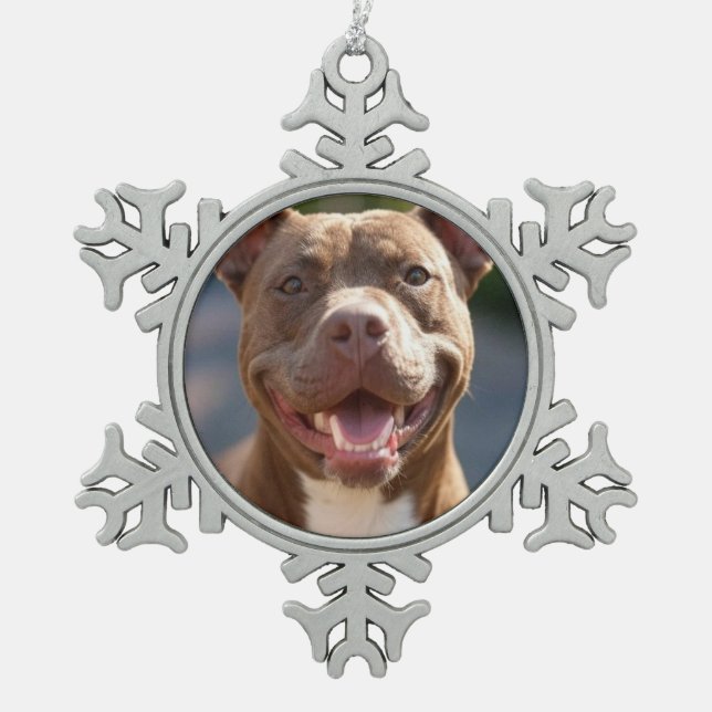 Pit Bull-Foto hinzufügen Anpassen Schneeflocken Zinn-Ornament (Vorderseite)