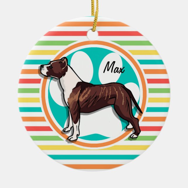 Pit Bull; Helle Regenbogenstreifen Keramik Ornament (Vorne)