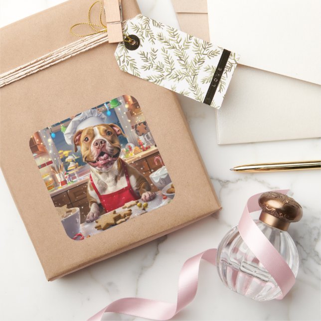 Pit Bull Holiday Baking: Festliche Weihnachten Quadratischer Aufkleber (Schenken)