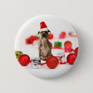 Pit Bull Hund mit Geschenkboxen und Weihnachtsschm Button