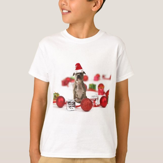 Pit Bull Hund mit Geschenkboxen und Weihnachtsschm T-Shirt (Vorderseite)
