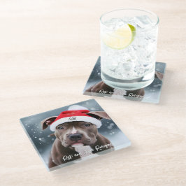 Pit Bull mit Weihnachtsmannmütze Weihnachten Glasuntersetzer