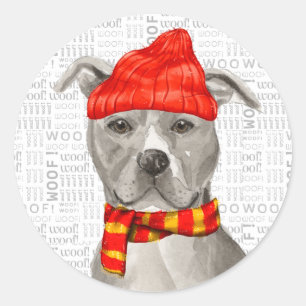 Pit Bull Staffordshire and Woof Word Art Christmas Runder Aufkleber