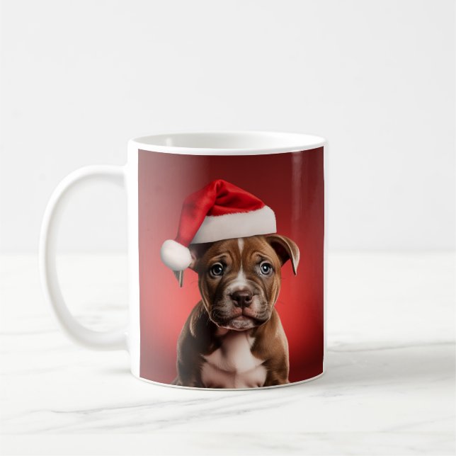 Pit Bull Welppy in Weihnachtsmannmütze Kaffeetasse (Links)