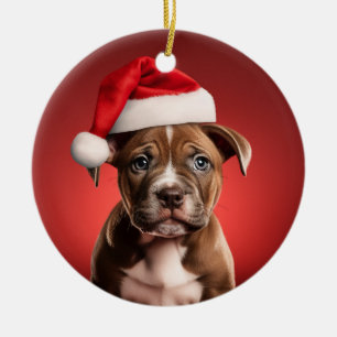 Pit Bull Welppy in Weihnachtsmannmütze Keramik Ornament
