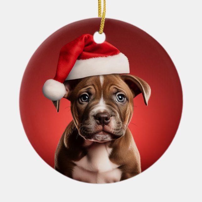 Pit Bull Welppy in Weihnachtsmannmütze Keramik Ornament (Vorne)