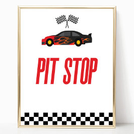 Pit Stopp Red Flame Race Car Party Table Sign Poster