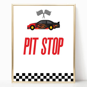 Pit Stopp Red Flame Race Car Party Table Sign Poster