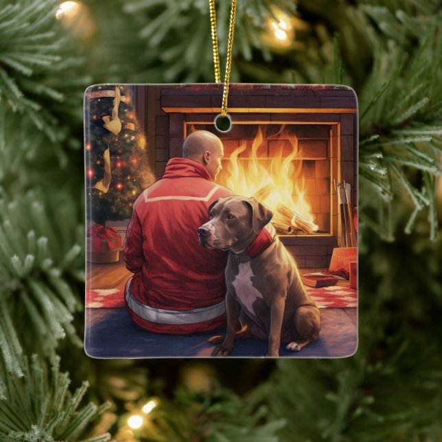 Pitbuli Feuerwehrweihnacht, Geschenk für Hundefreu Keramikornament (Baum)