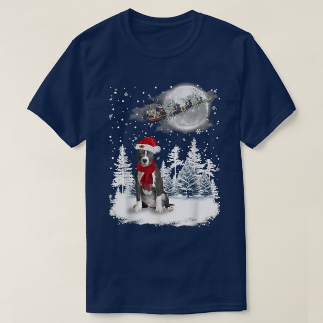 Pitbull auf Schnee Weihnachten Mond Leuchtende Wei T-Shirt (Design vorne)