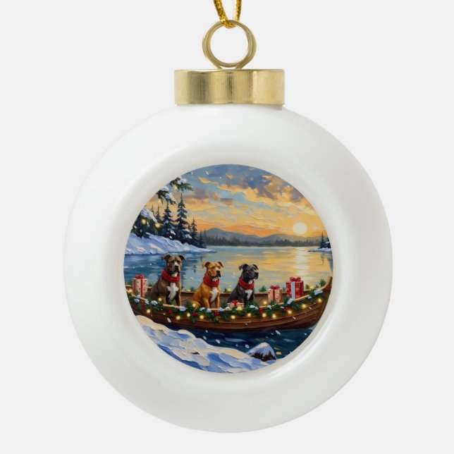 Pitbull Christmas Boat Holiday Keramik Kugel-Ornament (Vorderseite)