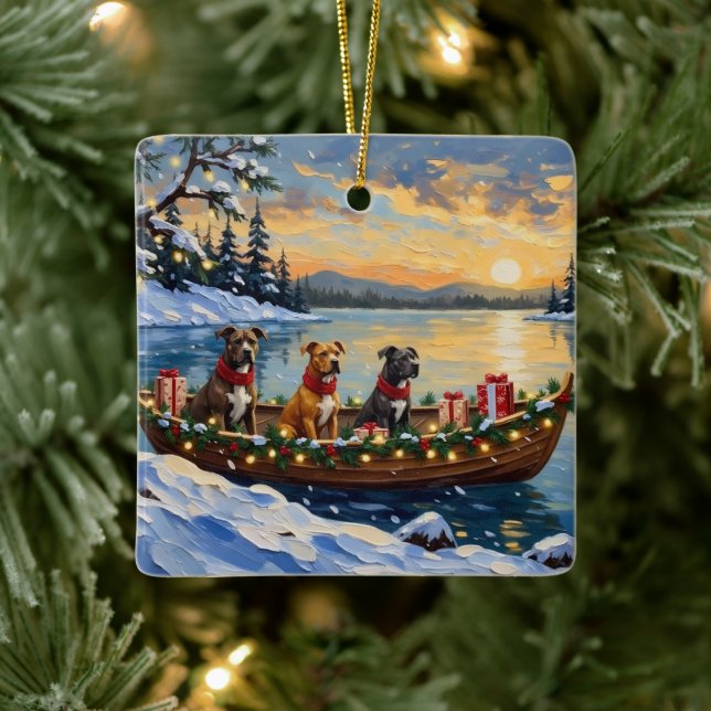 Pitbull Christmas Boat Holiday Keramikornament (Baum)