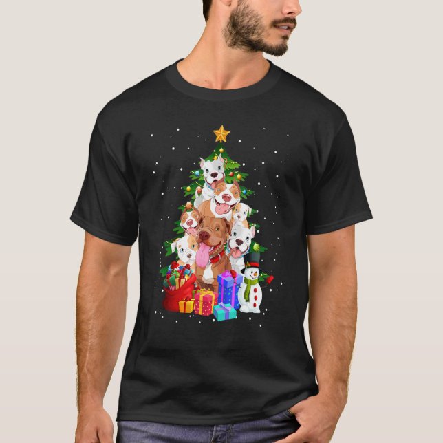 Pitbull Christmas Tree Lights Dog T-Shirt (Vorderseite)