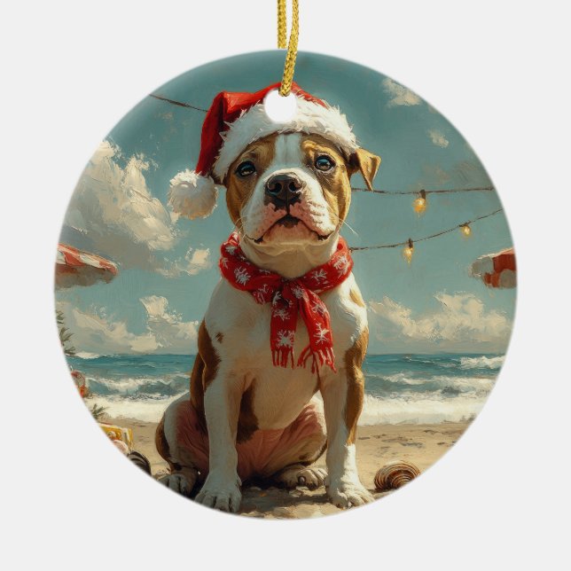 Pitbull Dog Christmas Vintag Beach Keramik Ornament (Vorne)