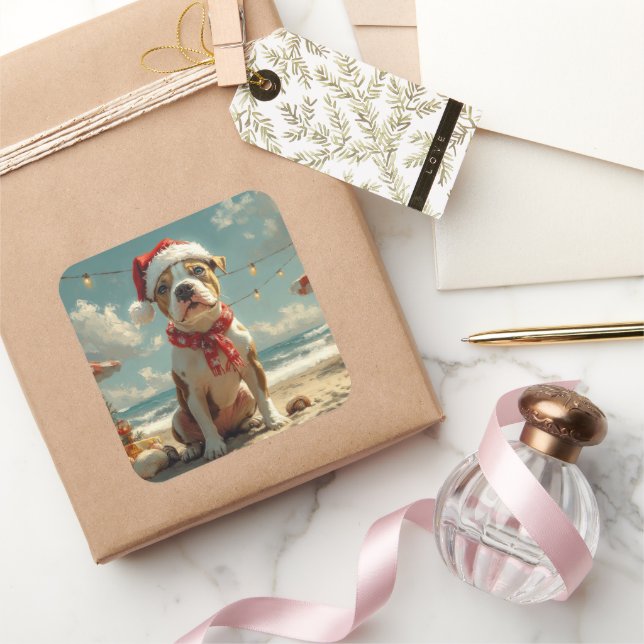Pitbull Dog Christmas Vintag Beach Quadratischer Aufkleber (Schenken)