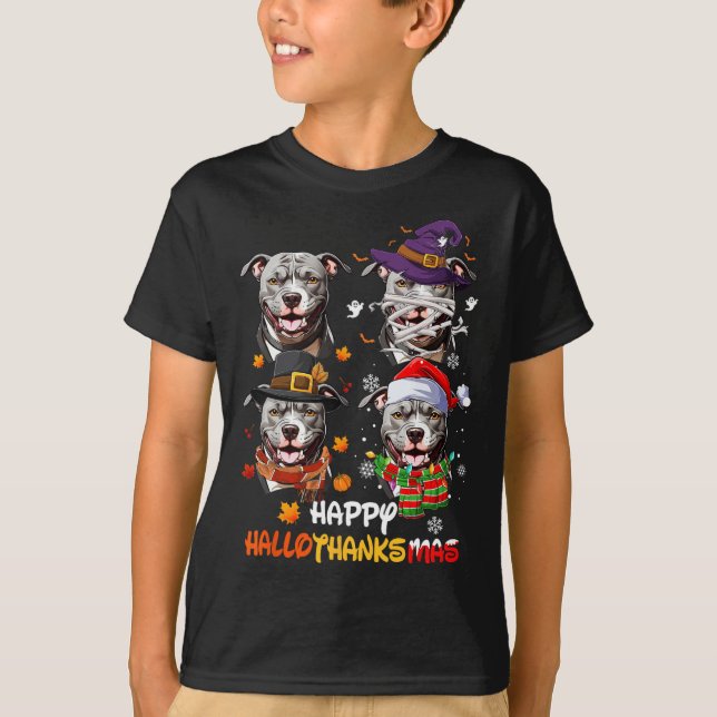 Pitbull Dog Hallothanksmas Halloween-Erntedank T-Shirt (Vorderseite)