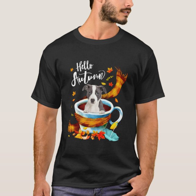 Pitbull Dog Herbstkaffee Hallo Herbst Herbst Leaf T-Shirt (Vorderseite)