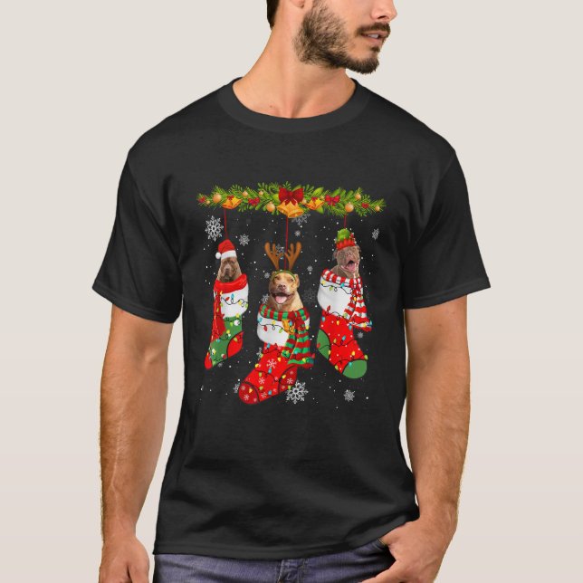 Pitbull Dog In Socks Christmas Lights Sweater Xmas T-Shirt (Vorderseite)