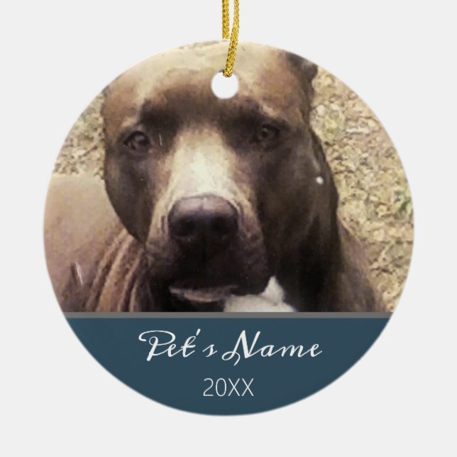 Pitbull Dog Pet Foto Blau Weihnachten Personalisie Keramik Ornament (Vorne)