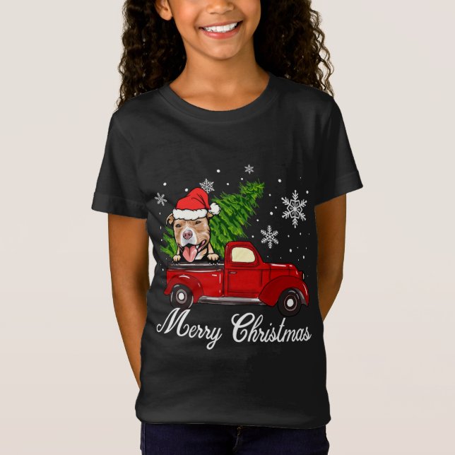 Pitbull Dog Riding Red Truck Weihnachtsdekoratione T-Shirt (Vorderseite)