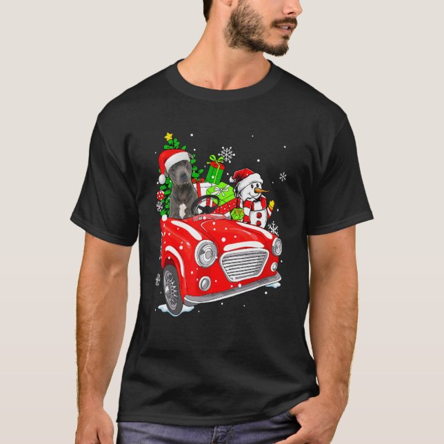 Pitbull Dog Santa Hat Red Car Christmas T-Shirt (Vorderseite)