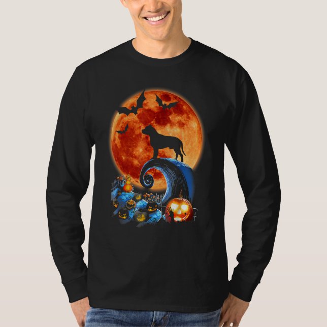 Pitbull Dog Scary And Moon  Halloween Costume T-Shirt (Vorderseite)