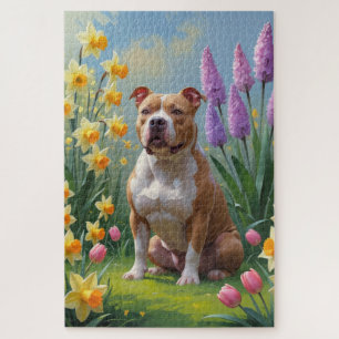 Pitbull Dog Spring Blumen Malerei Puzzle
