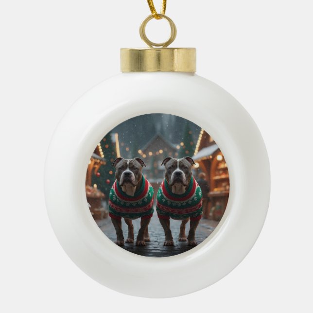 Pitbull Dogs Christmas Snow Holiday Keramik Kugel-Ornament (Vorderseite)