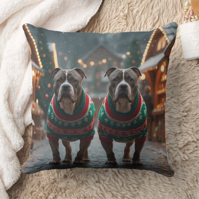 Pitbull Dogs Christmas Snow Holiday Kissen (Decke)
