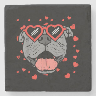 Pitbull Face Heart Glasses Valentinstag Haustier H Steinuntersetzer