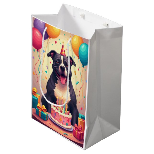 Pitbull-Geburtstagsfeier Mittlere Geschenktüte (Vorderseite Schrägansicht)