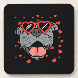 Pitbull-Gesicht Herz Brille Valentinstag Haustier Getränkeuntersetzer