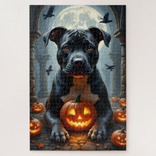 Pitbull-Gotik-Kathedrale-Halloween-Porträt-Kunst Puzzle