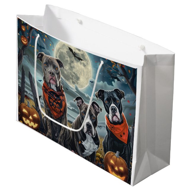 Pitbull Halloween Spooky Große Geschenktüte (Vorderseite Schrägansicht)