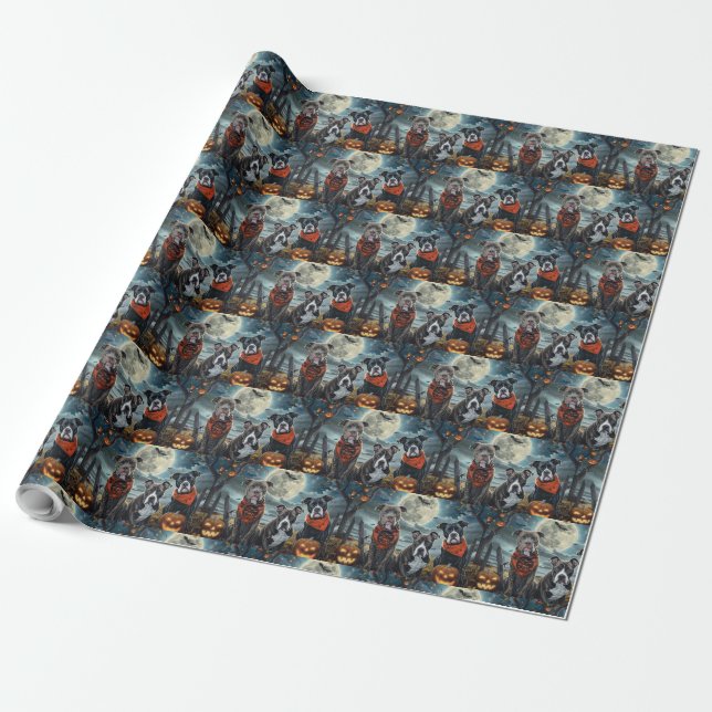 Pitbull Halloween Spooky Wrapping Paper Geschenkpapier (Ungerollt)
